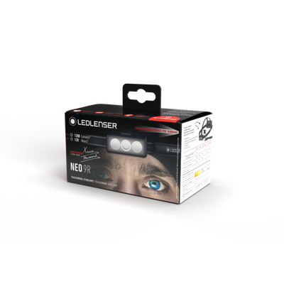 Ledlenser NEO9R running headlamp packaging box showing front with triple LED light panel and model name NEO9R