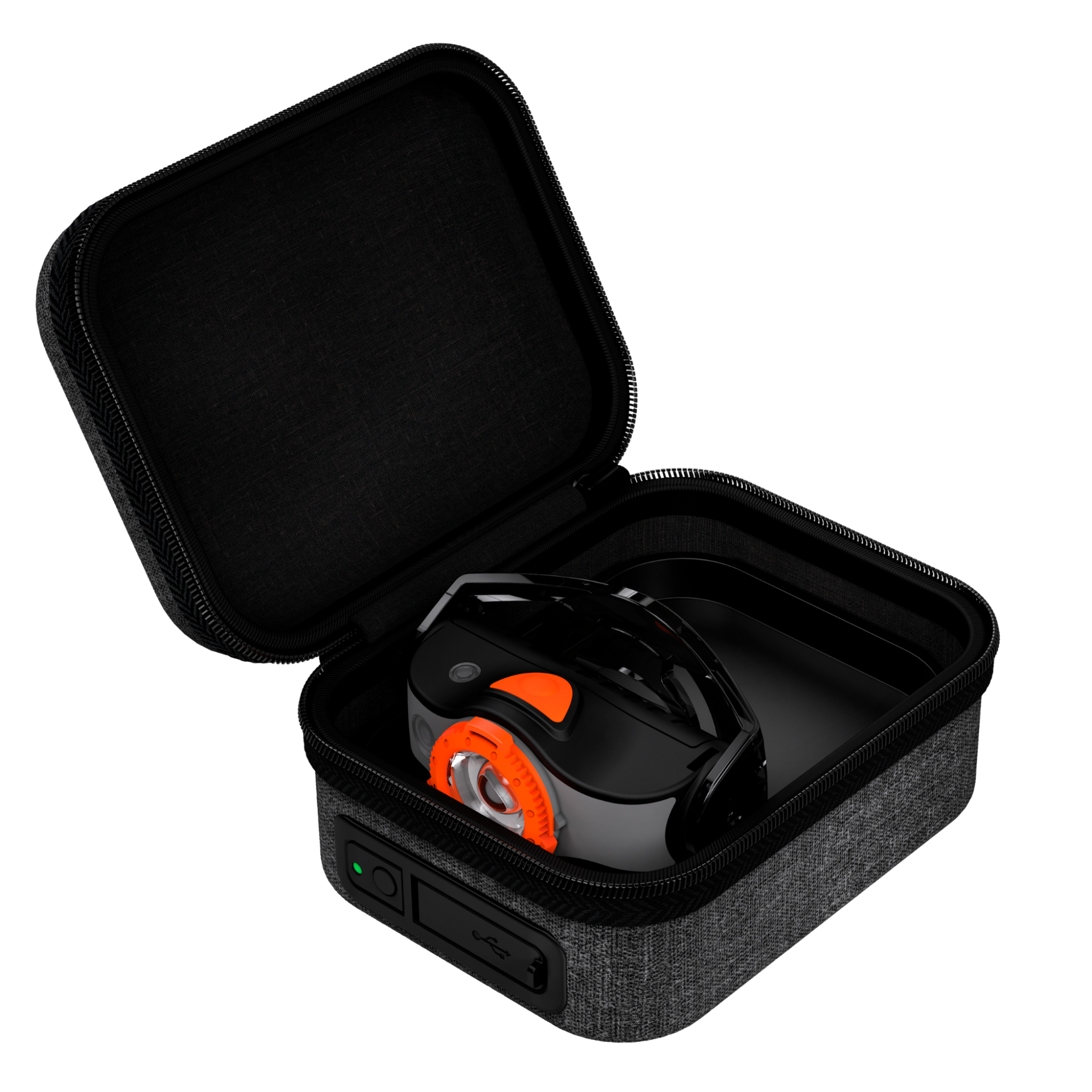 Ledlenser MH8 Powercase Combo headlamp and charging case shown in open protective carrying case with grey fabric and orange dial
