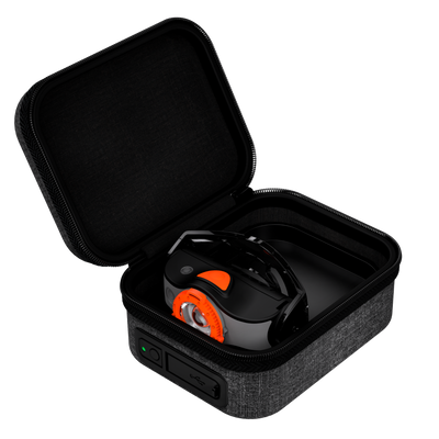 Ledlenser MH8 Powercase Combo headlamp and charging case shown in open protective carrying case with grey fabric and orange dial