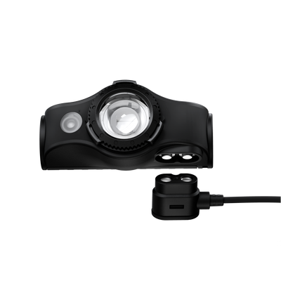 MH4 Outdoor Headlamp by Ledlenser black rechargeable headlamp with attached charging dock and cable