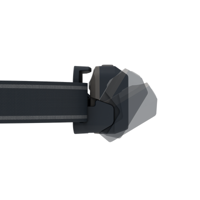 NEO5R Running Headlamp with dark grey headband and angular light housing shown mounted on strap horizontal orientation