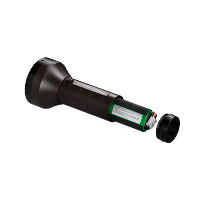 Ledlenser P18R Signature Torch disassembled view showing brown body exposed rechargeable battery pack and separated end cap on black background