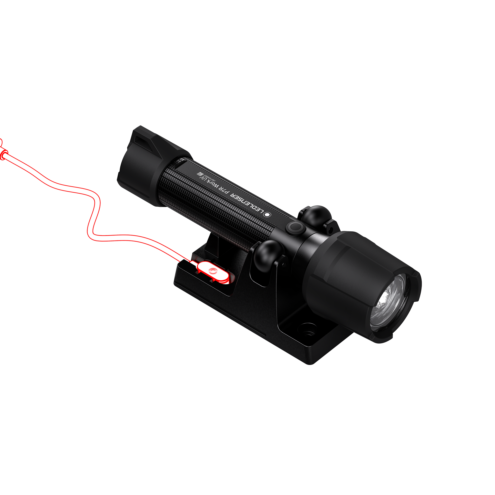 Ledlenser P7R Work UV Torch shown in a side view with a mounted base and red USB charging cable connected