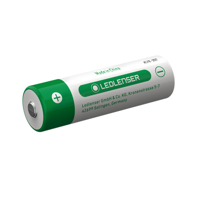Rechargeable 21700 Li ion Battery by Ledlenser white cylinder with green band angled view showing terminals