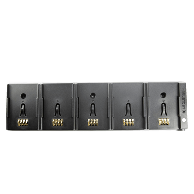 Ledlenser 5 Station Charging Panel with five individual charging bays and gold connectors on a grey metal panel