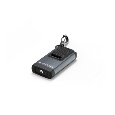 K4R Keychain Light by Ledlenser compact rechargeable torch with metal finish shown with key ring attachment and clip