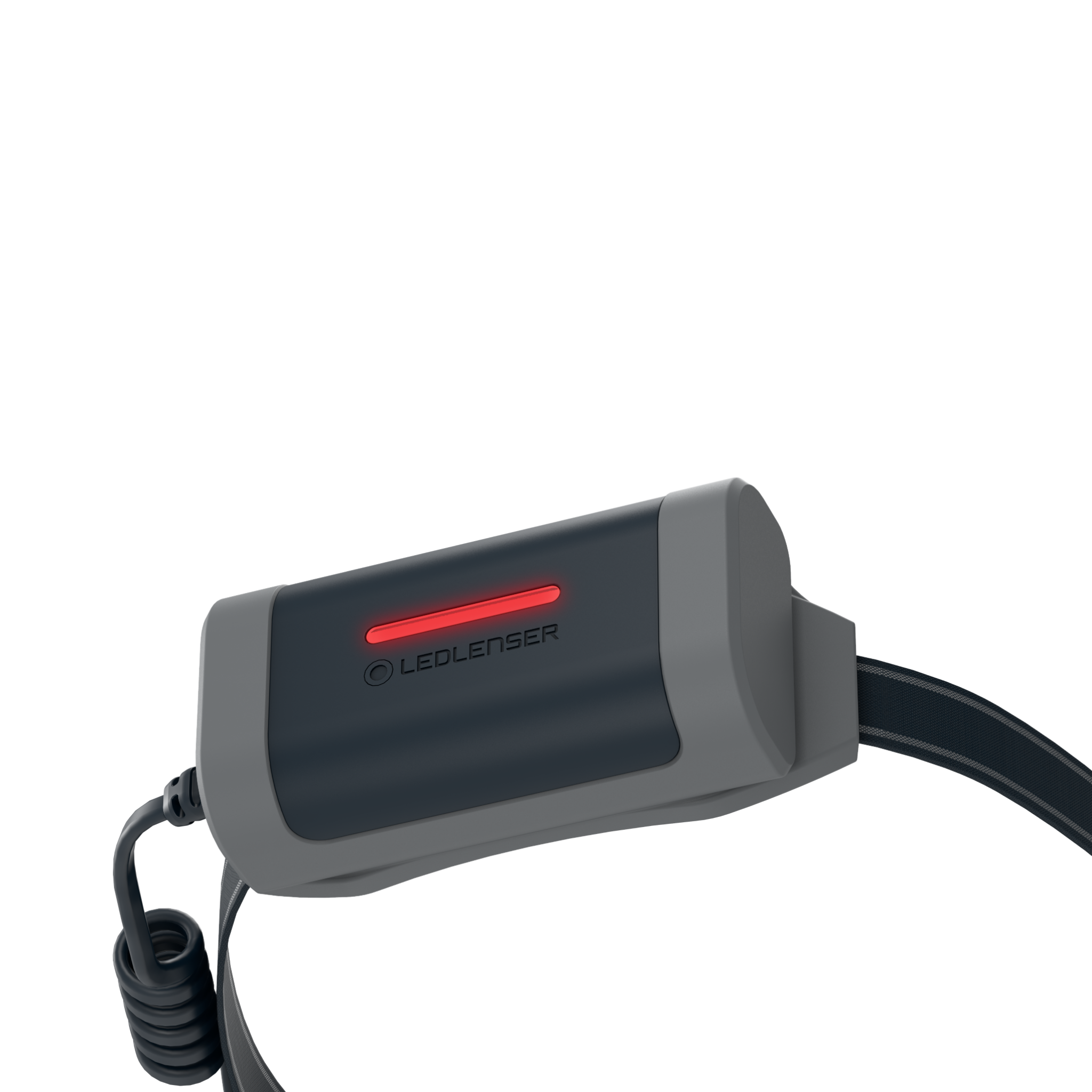 NEO9R Running Headlamp with dark blue body and grey housing red indicator light and adjustable head strap shown from a side angle