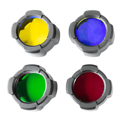 Colour Filter Set 53mm for P17R Core Torch showing yellow blue green and red filters with grey frames