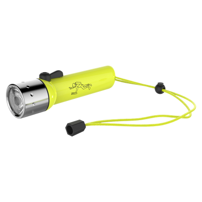 D14 2 Battery Operated Torch in neon yellow with lanyard lying horizontally with head end visible and cord attached