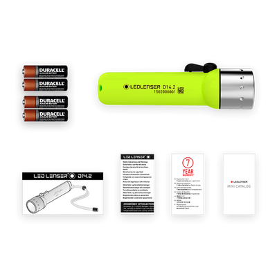 Ledlenser D14 2 Battery Operated Torch shown horizontally on a black background with four Duracell batteries and accessories beside it