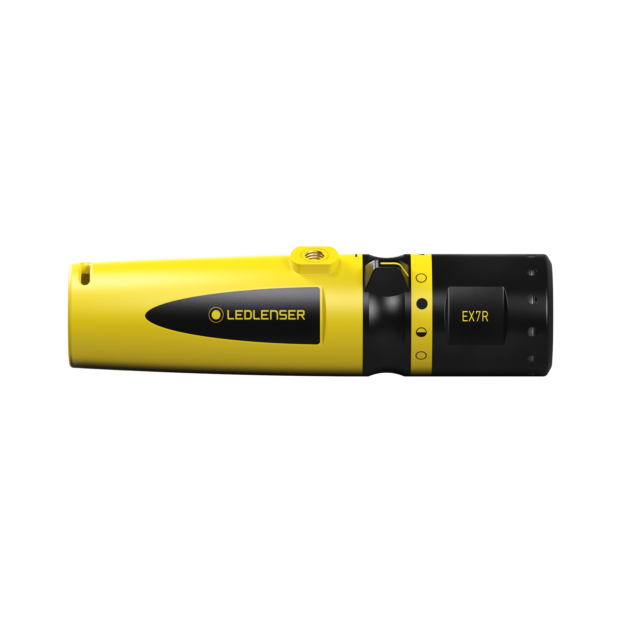 Ledlenser EX7R Torch in yellow and black seen in side profile handheld professional flashlight design