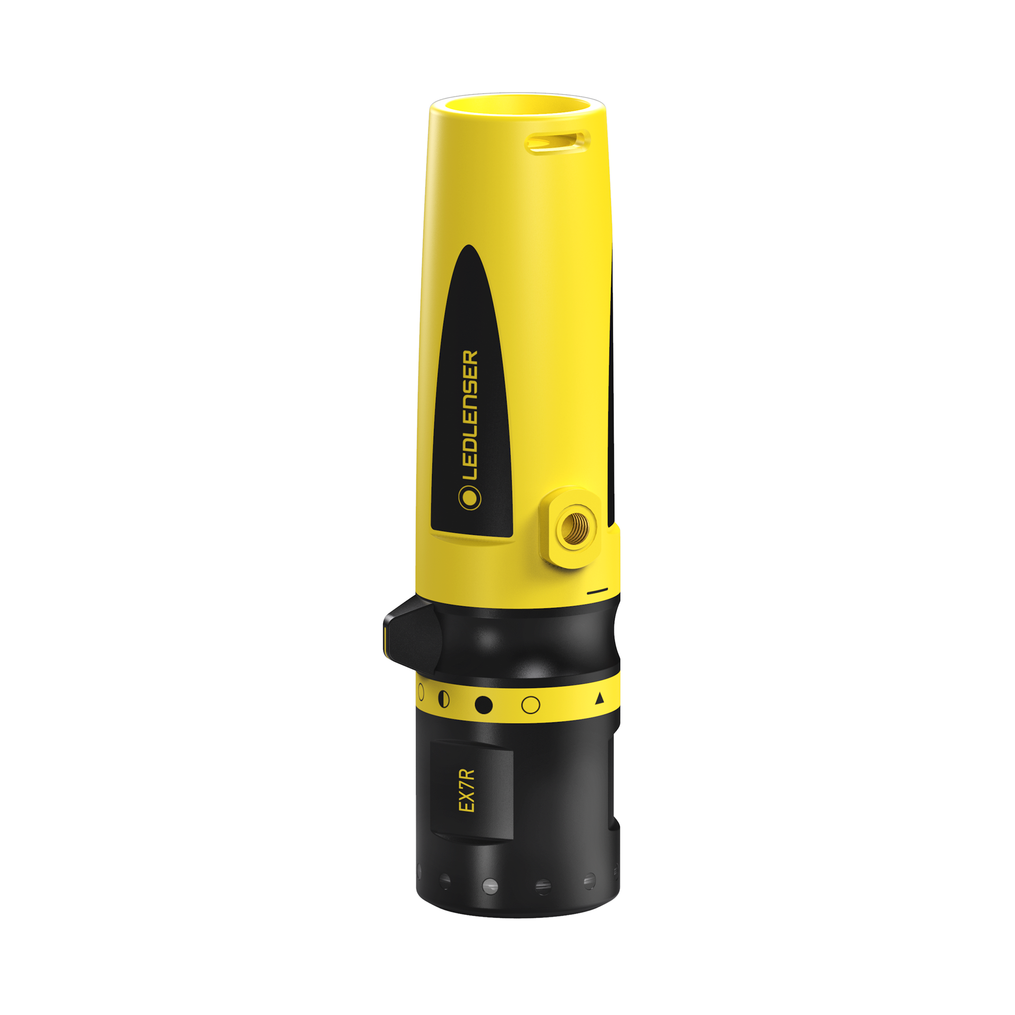 Ledlenser EX7R Torch shown upright with yellow and black body control ring and bottom switch on a portable rechargeable flashlight