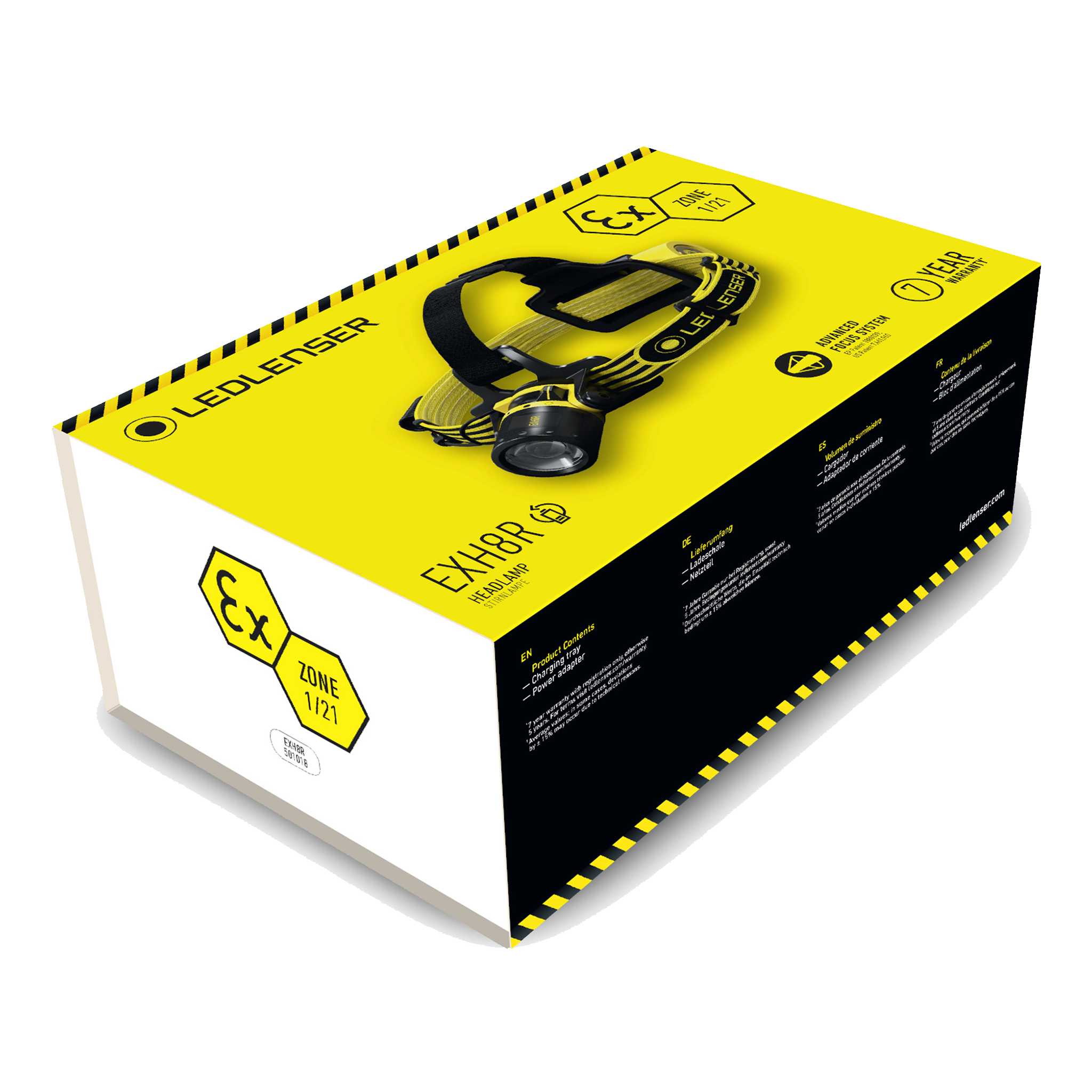Ledlenser EXH8R Headlamp packaging box with yellow and black design and adjustable headlamp strap