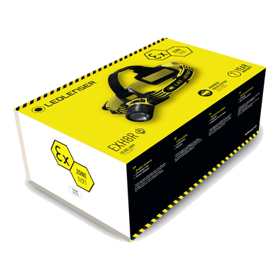 Ledlenser EXH8R Headlamp packaging box with yellow and black design and adjustable headlamp strap
