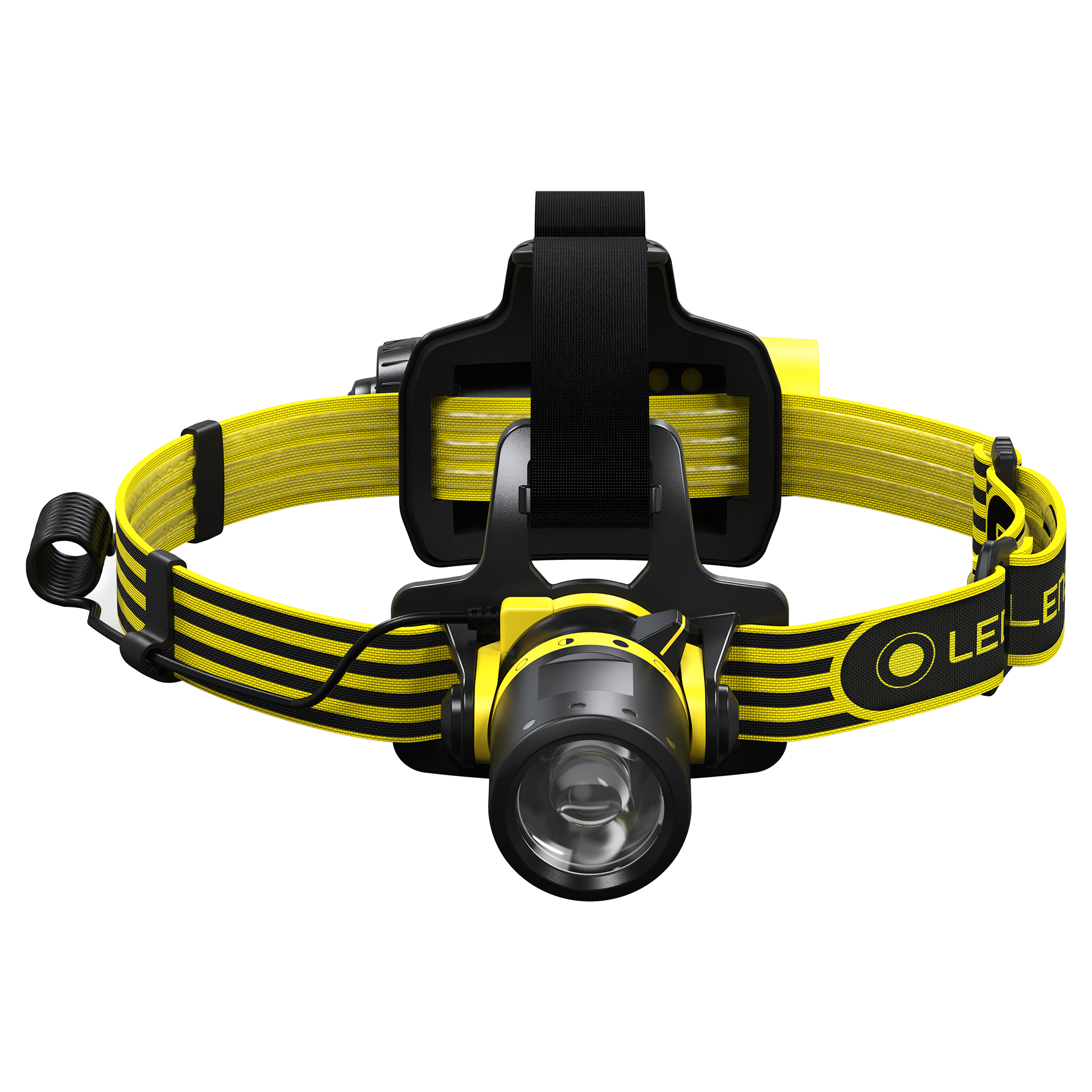 EXH8R Headlamp on a yellow and black adjustable headband with a front mounted lamp and battery housing visible on the strap