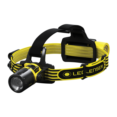 EXH8R Headlamp with yellow and black head strap and mounted battery pack front LED lamp on adjustable nose