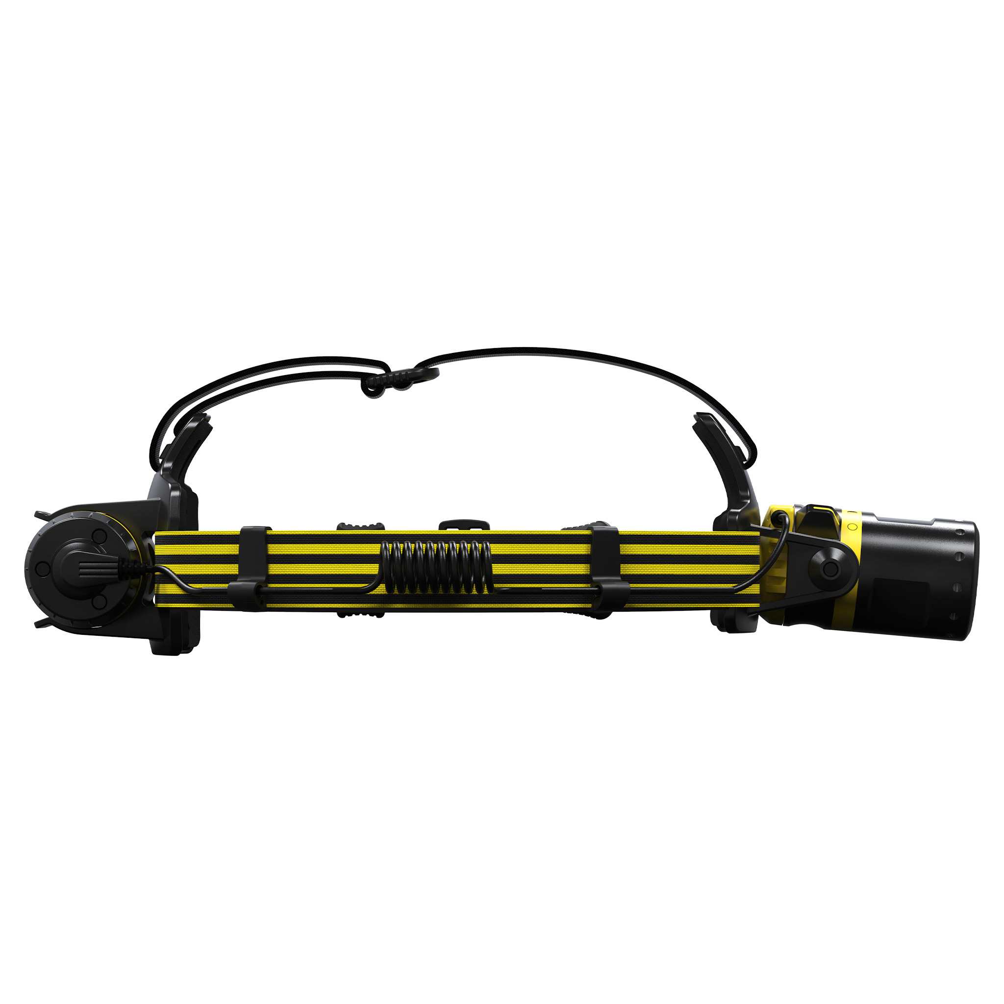 Ledlenser EXH8R Headlamp side view showing black and yellow design with adjustable head strap and coiled cable