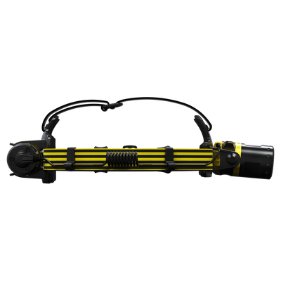 Ledlenser EXH8R Headlamp side view showing black and yellow design with adjustable head strap and coiled cable