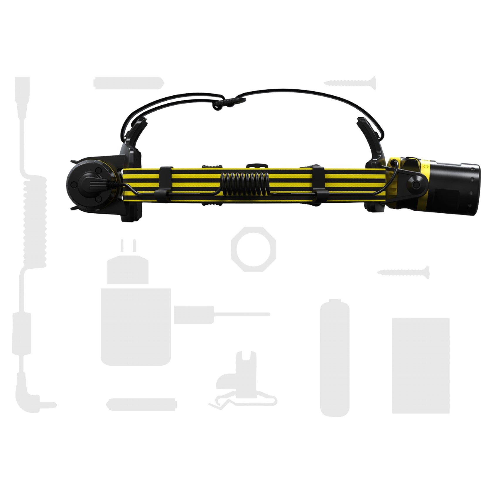 EXH8R Headlamp by Ledlenser laid horizontally with yellow black striped body on an adjustable headband accompanied by charging cable and assorted accessories