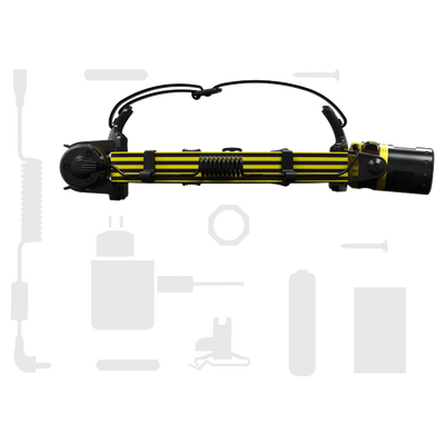 EXH8R Headlamp by Ledlenser laid horizontally with yellow black striped body on an adjustable headband accompanied by charging cable and assorted accessories