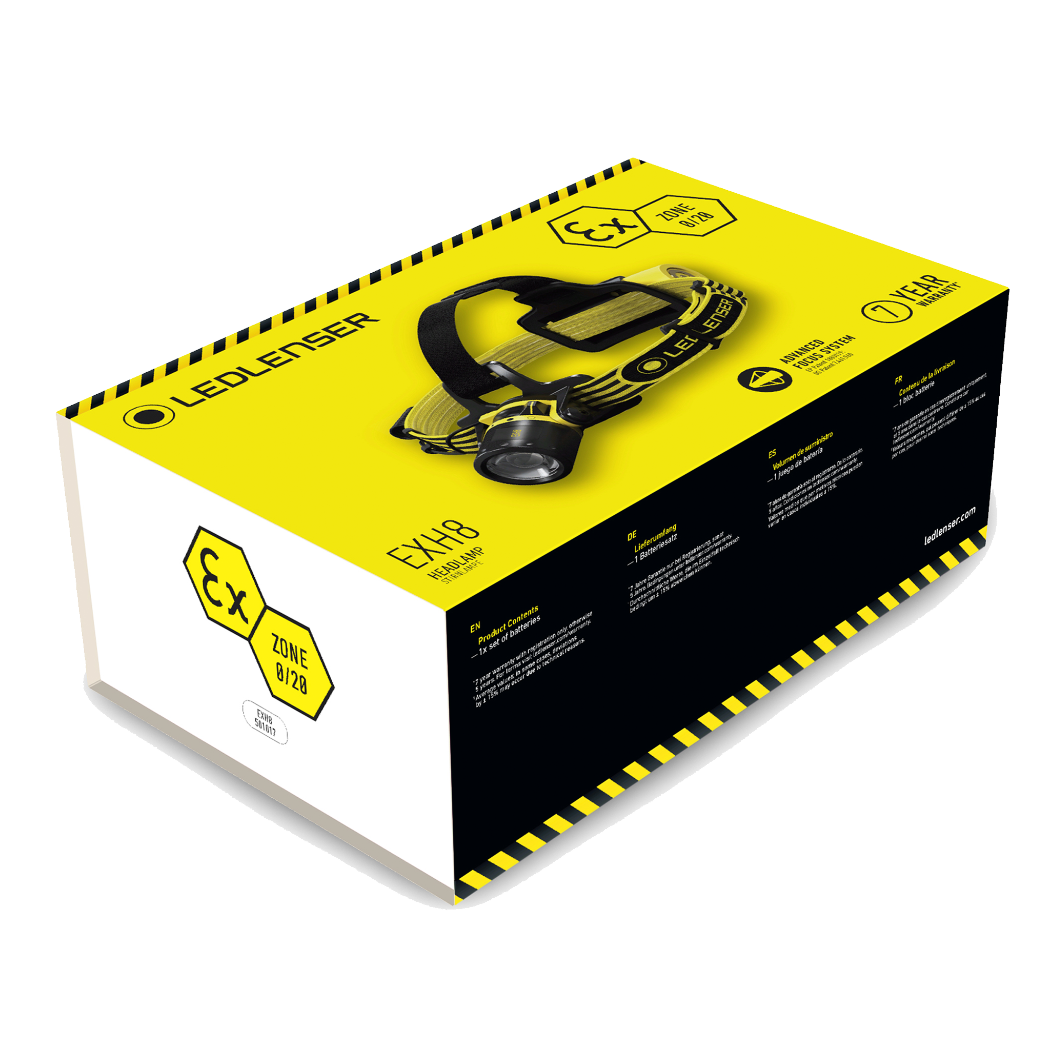 EXH8 Headlamp packaging box by Ledlenser displaying a yellow and black design with a headlamp mounted on top