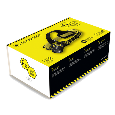 EXH8 Headlamp packaging box by Ledlenser displaying a yellow and black design with a headlamp mounted on top