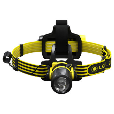 EXH8 Headlamp by Ledlenser with yellow black headband and front mounted light shown from a front right angle