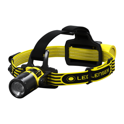 Ledlenser EXH8 Headlamp with yellow adjustable head strap and rechargeable battery pack front view