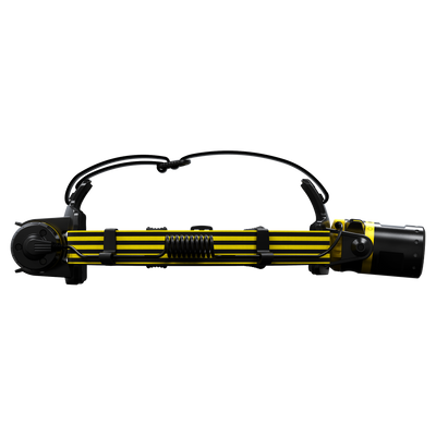Ledlenser EXH8 Headlamp with yellow and black headband side view showing adjustable mount and compact front light