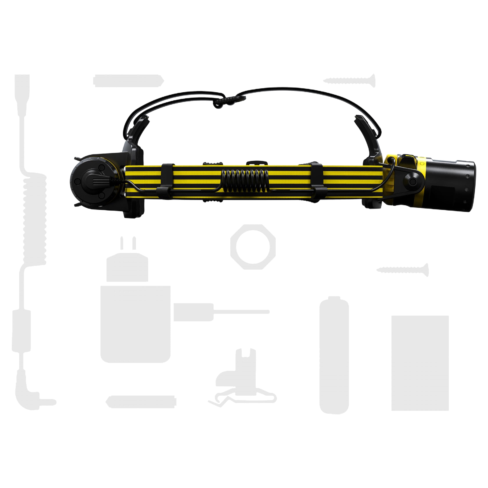 EXH8 Headlamp by Ledlenser showing a yellow and black compact headlamp with headband and rear battery module against a white background