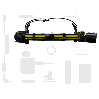 EXH8 Headlamp by Ledlenser showing a yellow and black compact headlamp with headband and rear battery module against a white background