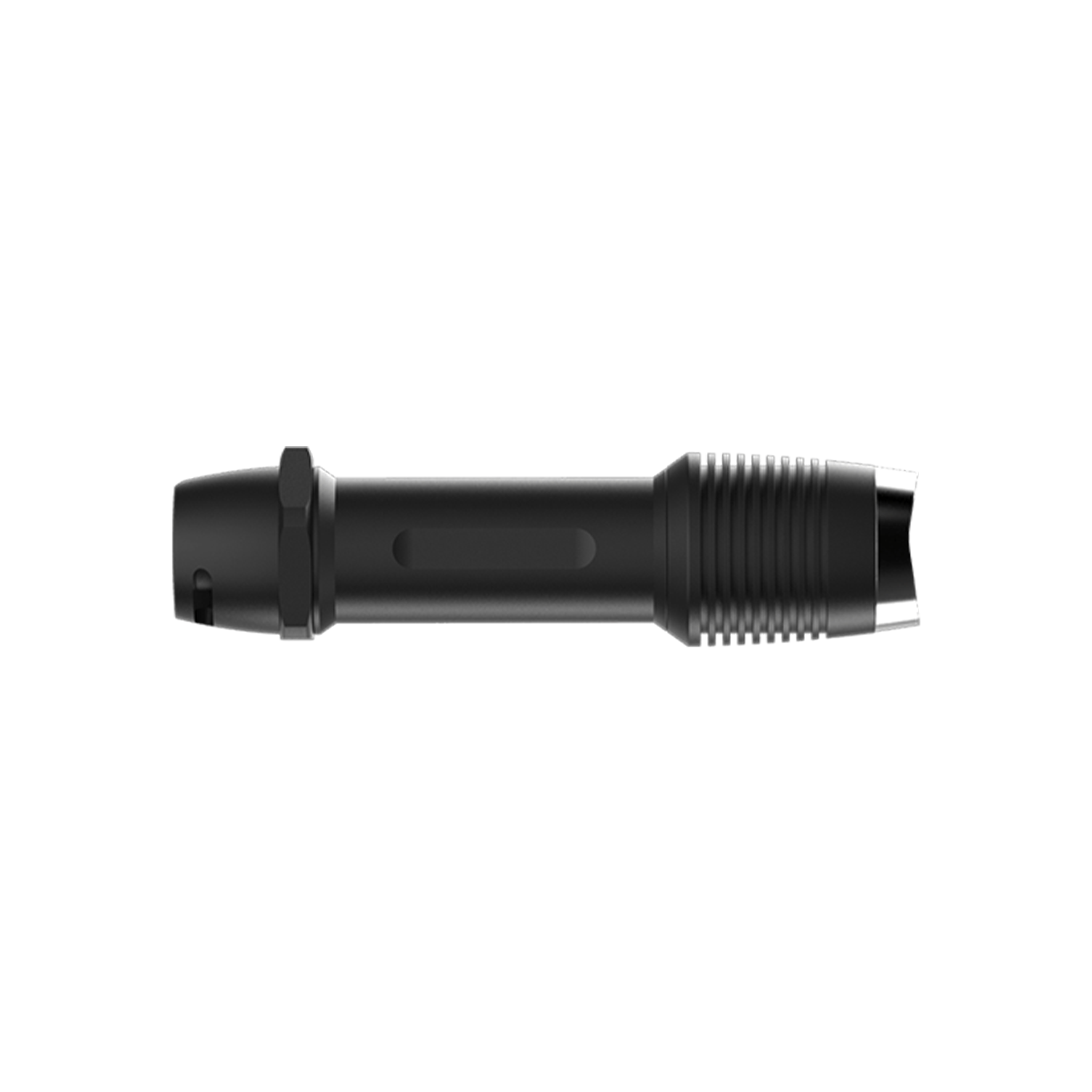 Ledlenser F1R Torch body close up side view showing black anodised aluminium cylindrical design with grip slots