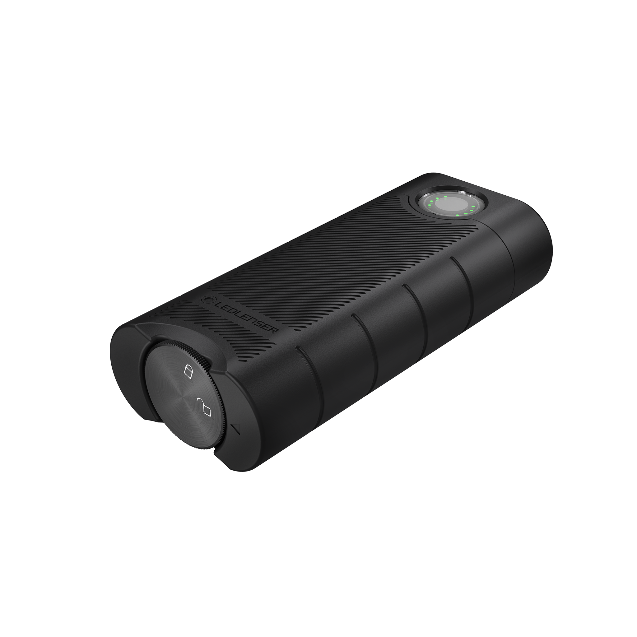 Ledlenser Flex10 Powerbank compact black cylindrical charging bank with textured grip and green indicator lights on the end face