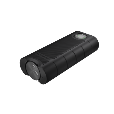 Ledlenser Flex10 Powerbank compact black cylindrical charging bank with textured grip and green indicator lights on the end face