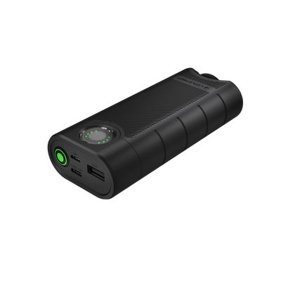 Ledlenser Flex10 Powerbank compact black portable charger with dual USB output and green power button angled view