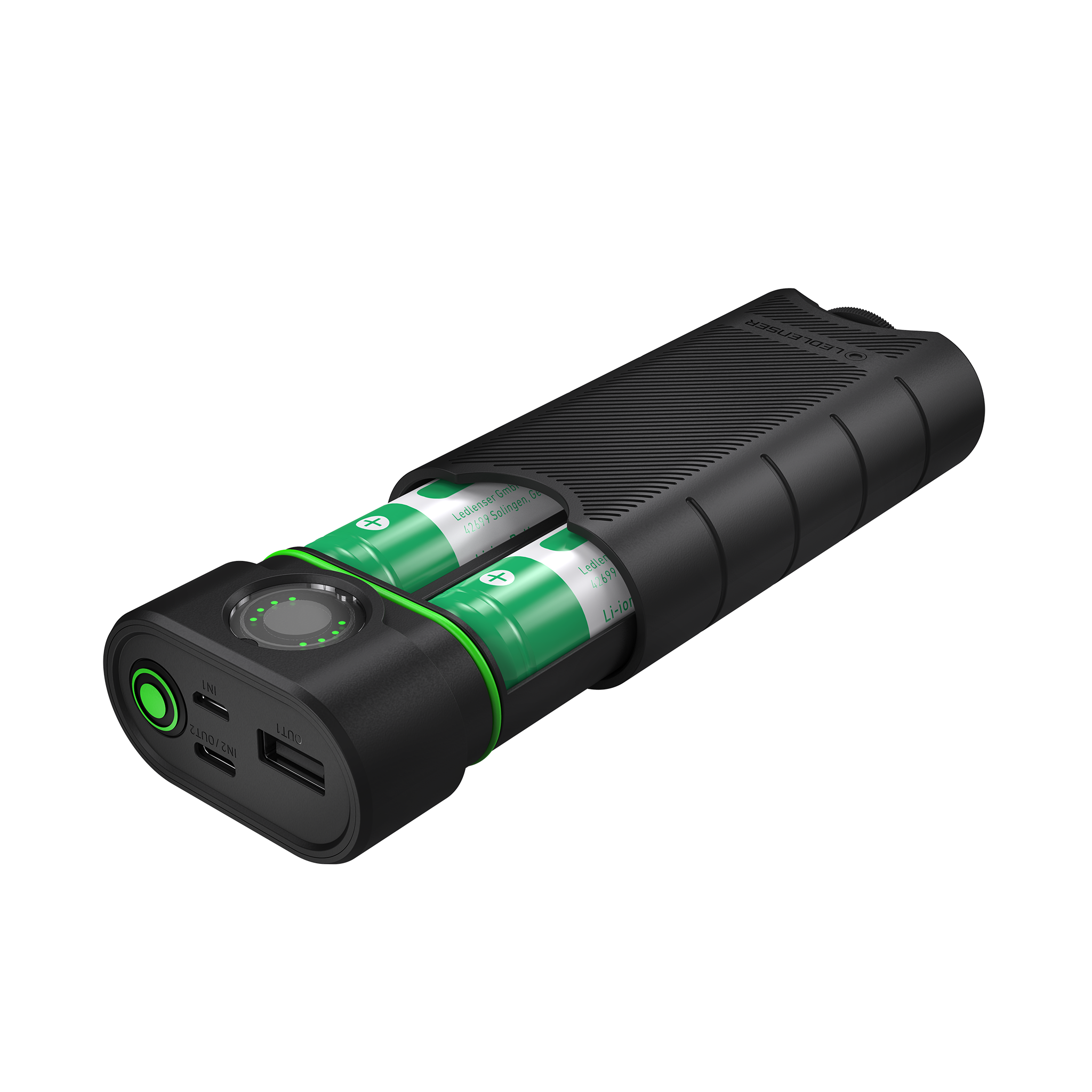 Flex10 Powerbank compact two battery pack with integrated green ring and front power button showing dual USB ports