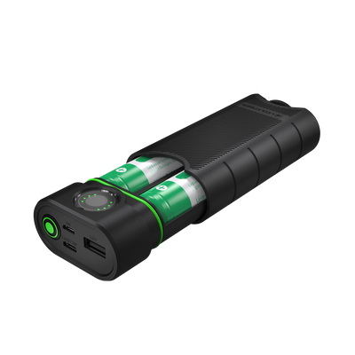 Flex10 Powerbank compact two battery pack with integrated green ring and front power button showing dual USB ports