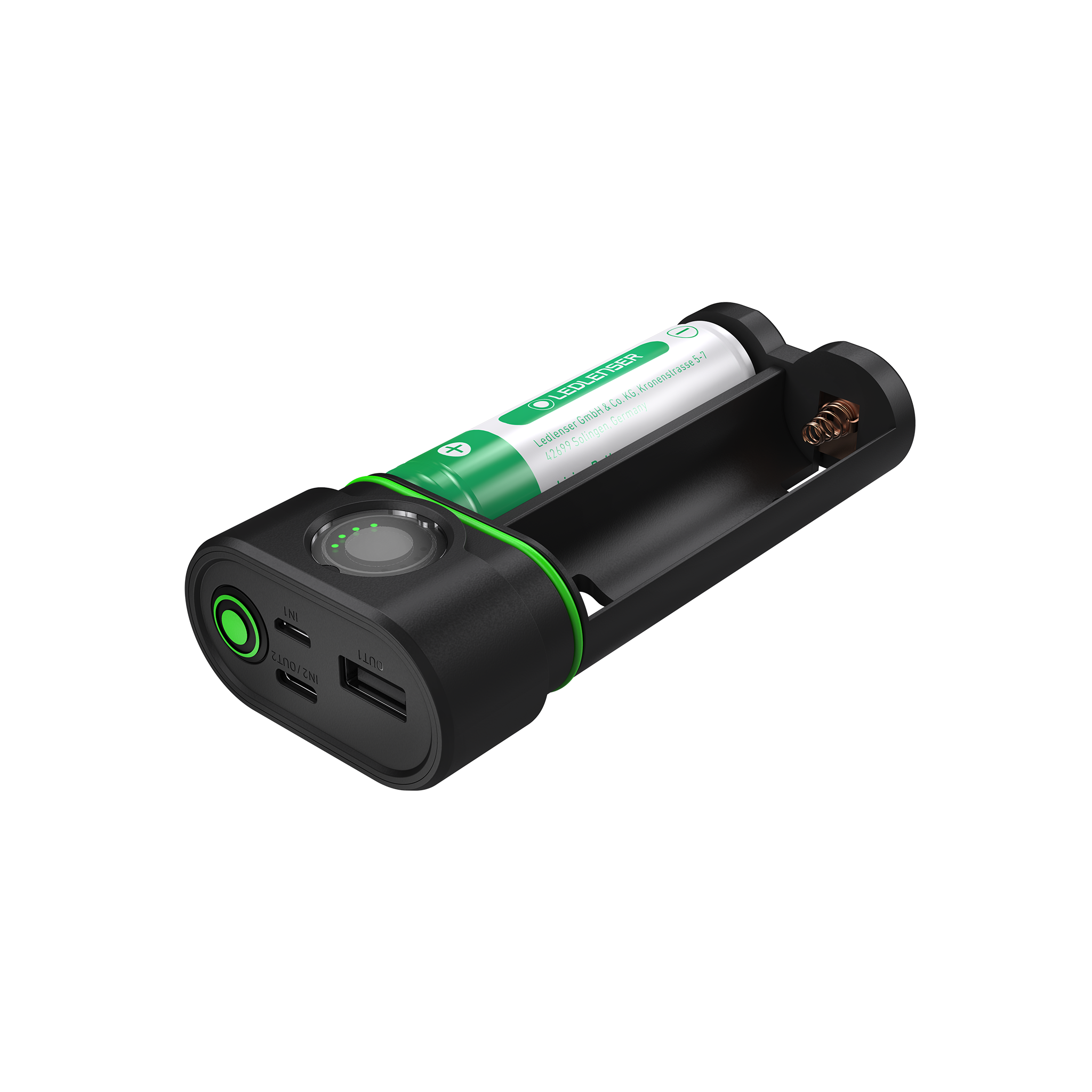 Ledlenser Flex10 Powerbank compact black rechargeable powerbank with dual USB ports and green accent ring battery cell visible in housing