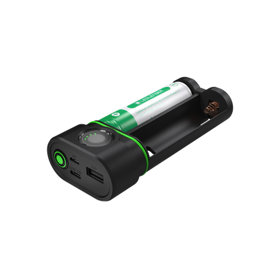 Ledlenser Flex10 Powerbank compact black rechargeable powerbank with dual USB ports and green accent ring battery cell visible in housing