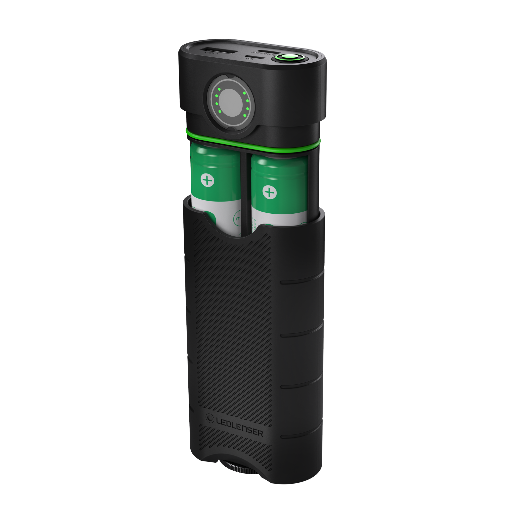 Ledlenser Flex10 Powerbank with two green cells visible in a black protective sleeve and top charging interface