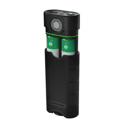 Ledlenser Flex10 Powerbank with two green cells visible in a black protective sleeve and top charging interface