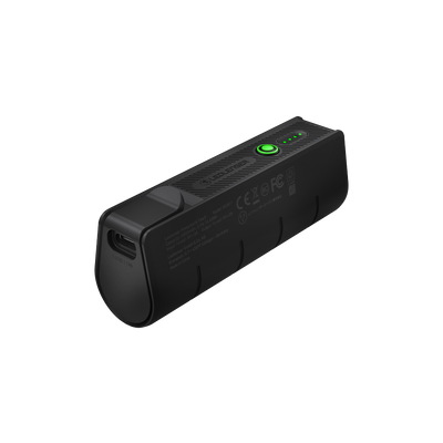 Flex5 Powerbank black rectangular charging bank with USB C port and green status ring LEDs shown from the top