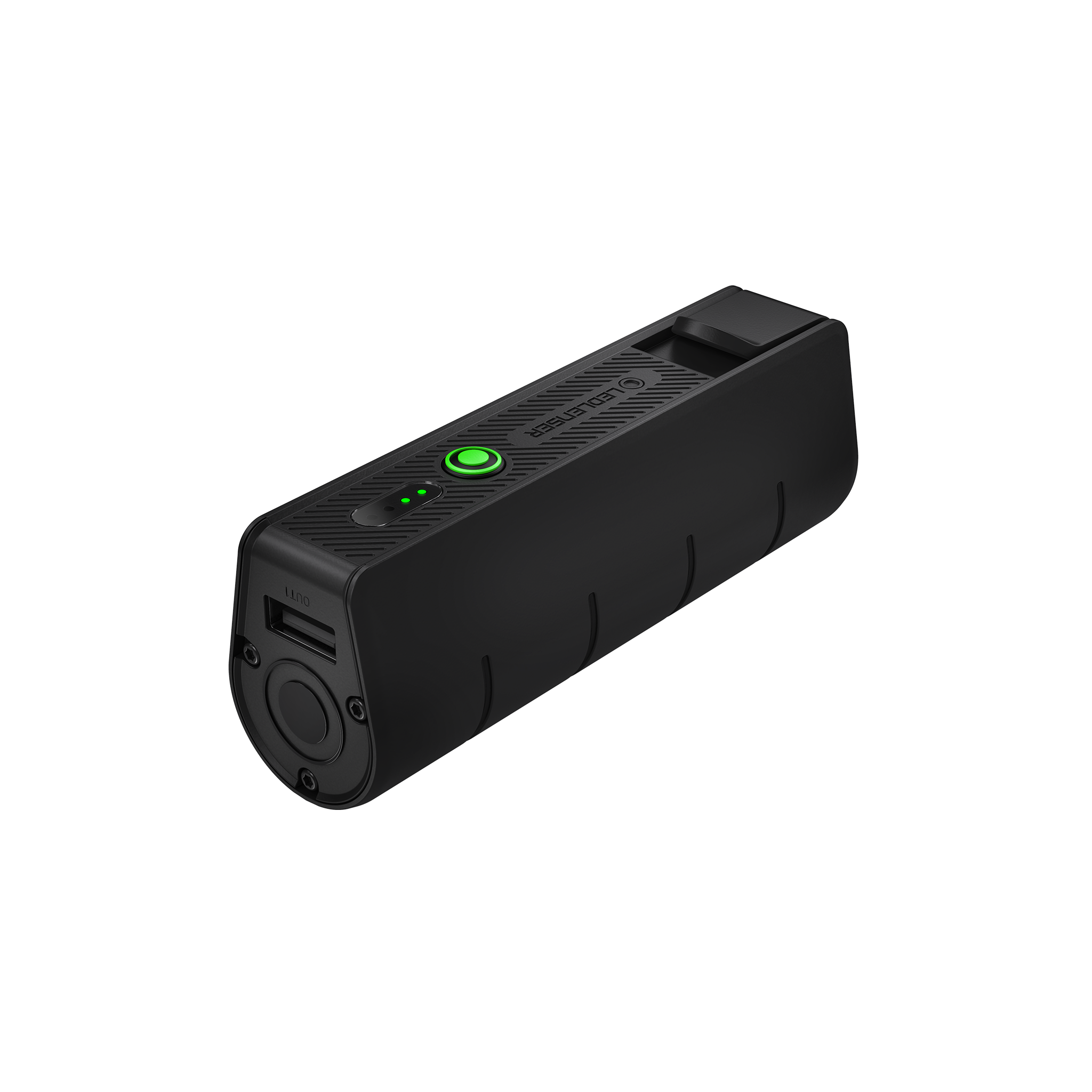 Flex5 Powerbank black portable charging bank with USB port and green power button on top