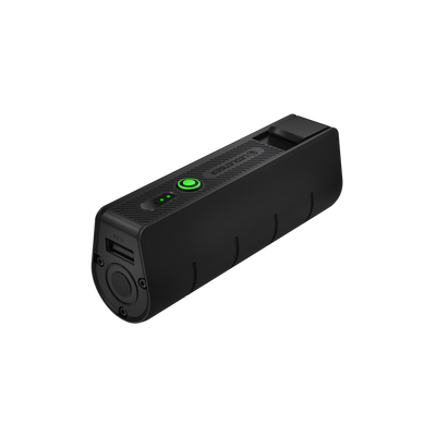 Flex5 Powerbank black portable charging bank with USB port and green power button on top