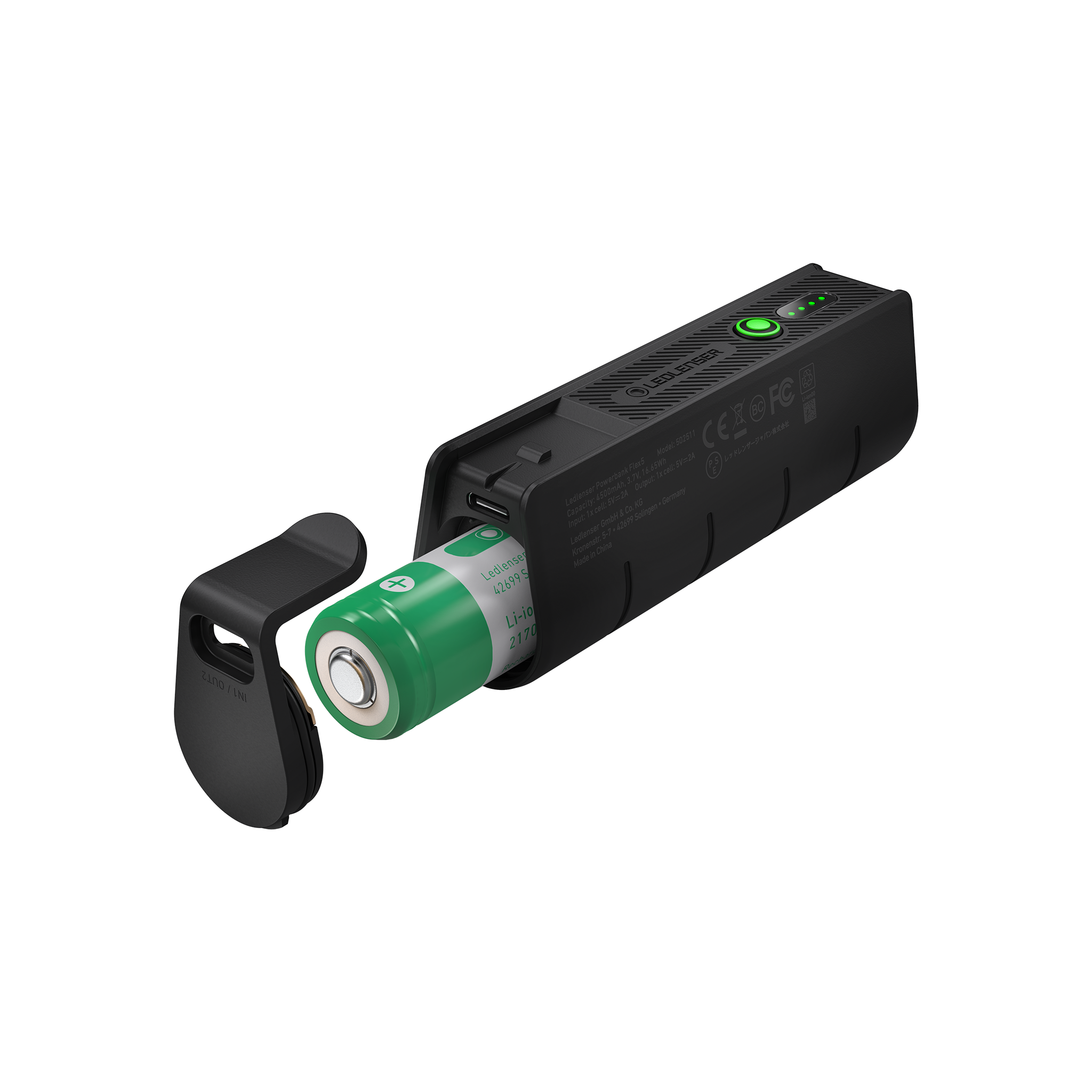 Flex5 Powerbank with removable green Li ion battery visible black charging bank USB port and status button on top