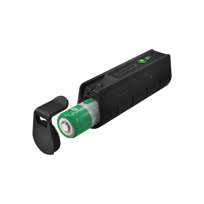 Flex5 Powerbank with removable green Li ion battery visible black charging bank USB port and status button on top