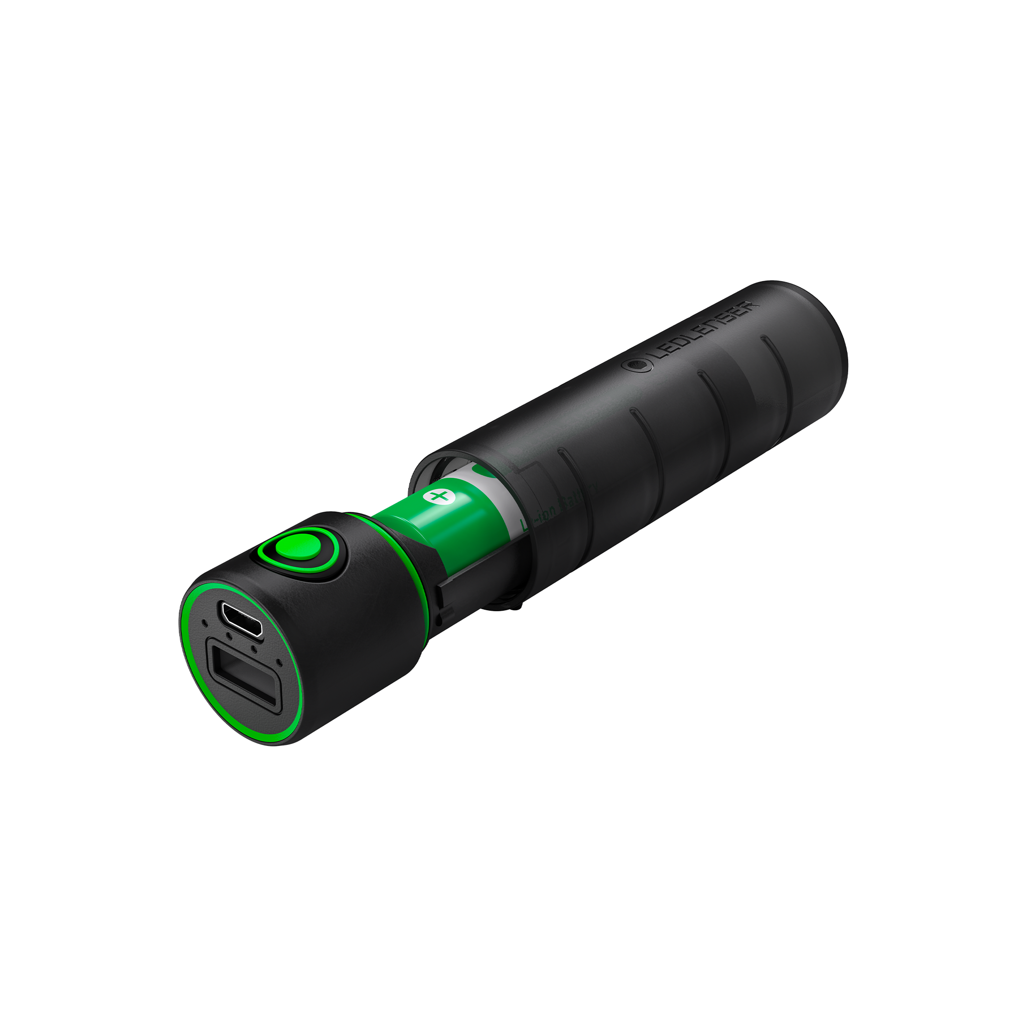 Ledlenser Flex3 Powerbank cylindrical black portable charger with green accents and dual USB output ports