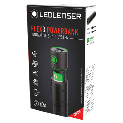 Ledlenser Flex3 Powerbank packaging image showing a black box with red FLEX3 POWERBANK text and a green accented 6 in 1 powerbank device inside the box