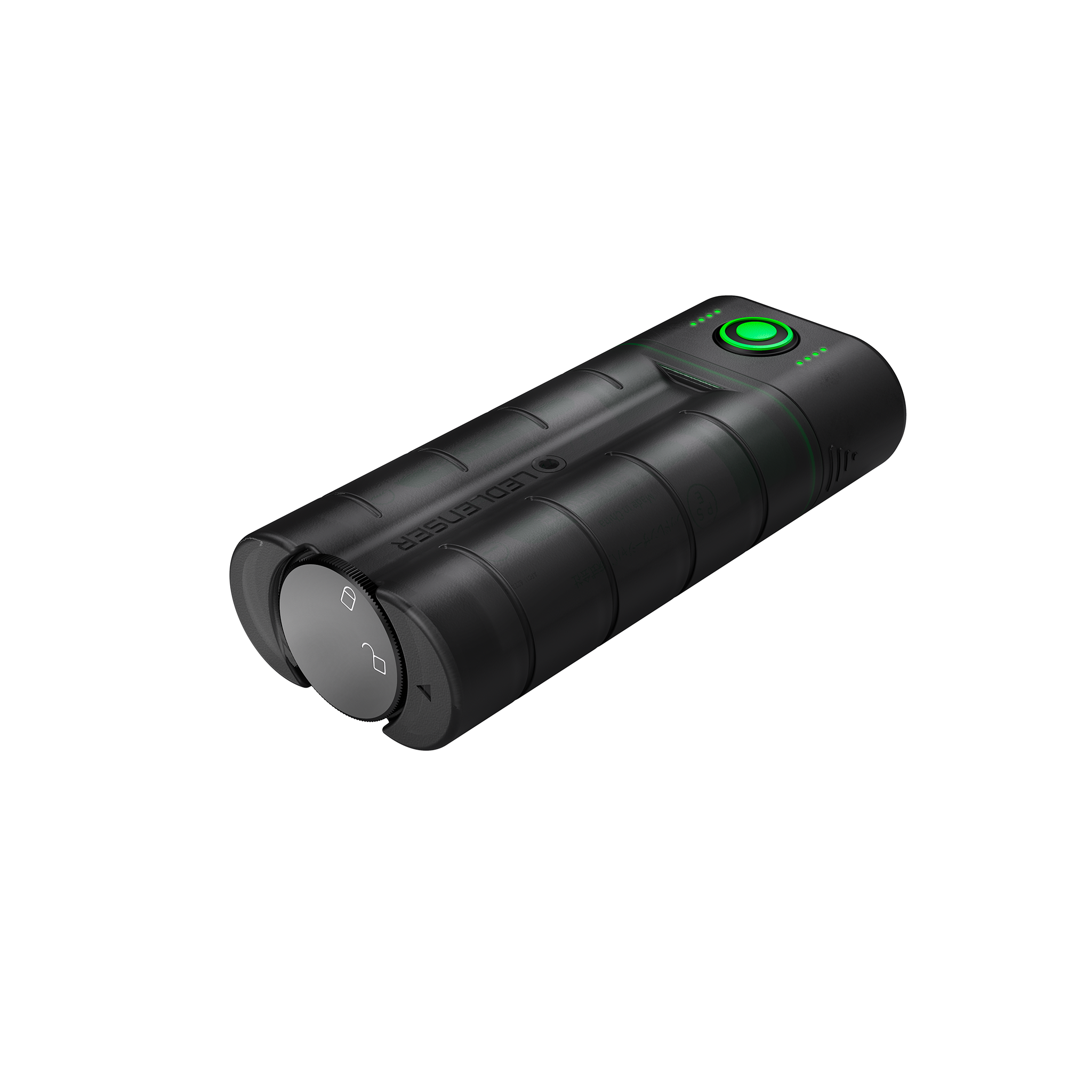 Ledlenser Flex7 Powerbank black cylindrical rechargeable battery with segmented grip top green power button and status LEDs