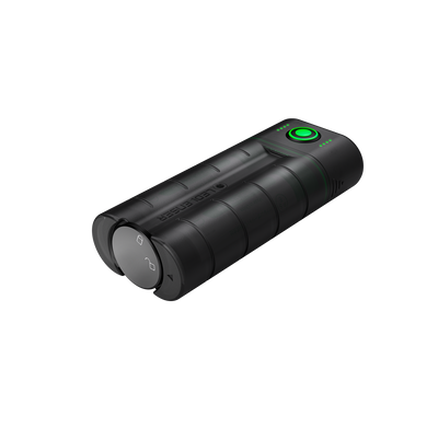 Ledlenser Flex7 Powerbank black cylindrical rechargeable battery with segmented grip top green power button and status LEDs
